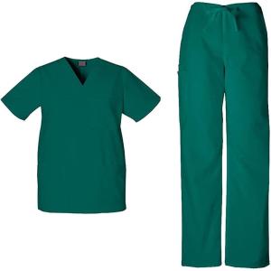Cherokee Scrub Sets for Women and Men, 6 Pocket Medical Scrubs with V-Neck Top 4876 & Drawstring Cargo Pant 4100(Hunter Green)