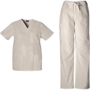 Cherokee Scrub Sets for Women and Men, 6 Pocket Medical Scrubs with V-Neck Top 4876 & Drawstring Cargo Pant 4100(Khaki)