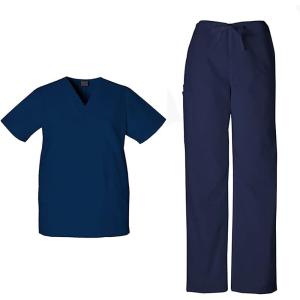 Cherokee Scrub Sets for Women and Men, 6 Pocket Medical Scrubs with V-Neck Top 4876 & Drawstring Cargo Pant 4100(Navy)