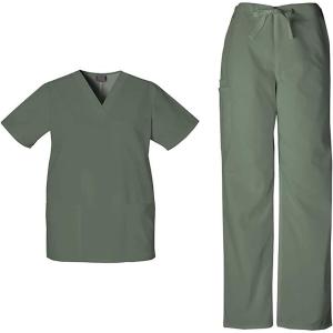 Cherokee Scrub Sets for Women and Men, 6 Pocket Medical Scrubs with V-Neck Top 4876 & Drawstring Cargo Pant 4100(Olive)