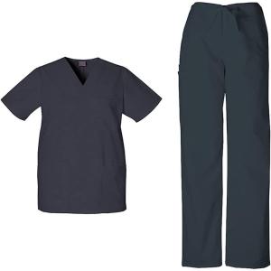 Cherokee Scrub Sets for Women and Men, 6 Pocket Medical Scrubs with V-Neck Top 4876 & Drawstring Cargo Pant 4100(Pewter)
