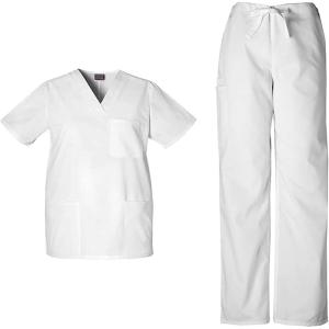Cherokee Scrub Sets for Women and Men, 6 Pocket Medical Scrubs with V-Neck Top 4876 & Drawstring Cargo Pant 4100(White)