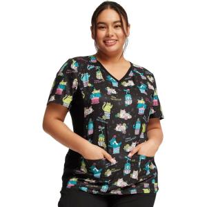 Cherokee Scrub for Women V-Neck Top Traditional fit with Dolman Sleeve and Fade Resistant Fabric – 4700(Feline Fan-cactus)