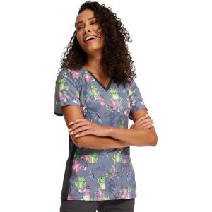 Cherokee Scrub for Women V-Neck Top Traditional fit with Dolman Sleeve and Fade Resistant Fabric – 4700(Frog Allied Flower Friends)