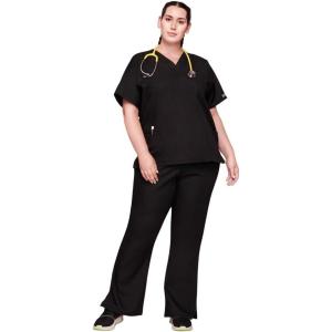 Cherokee Scrub set for women Traditional Fit Dolman Sleeve, V-neck Top 4700 Natural Rise Flare Leg Drawstring Pant 4101(Black)