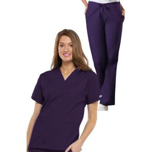 Cherokee Scrub set for women Traditional Fit Dolman Sleeve, V-neck Top 4700 Natural Rise Flare Leg Drawstring Pant 4101(Eggplant)