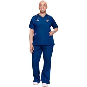 Cherokee Scrub set for women Traditional Fit Dolman Sleeve, V-neck Top 4700 Natural Rise Flare Leg Drawstring Pant 4101(Galaxy Blue)