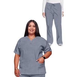 Cherokee Scrub set for women Traditional Fit Dolman Sleeve, V-neck Top 4700 Natural Rise Flare Leg Drawstring Pant 4101(Grey)