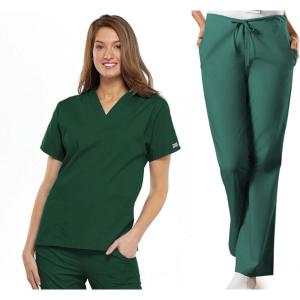 Cherokee Scrub set for women Traditional Fit Dolman Sleeve, V-neck Top 4700 Natural Rise Flare Leg Drawstring Pant 4101(Hunter Green)