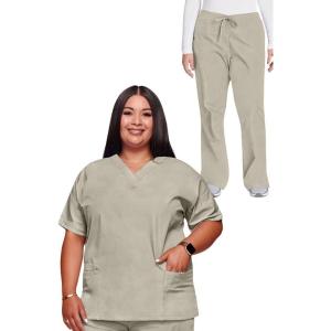 Cherokee Scrub set for women Traditional Fit Dolman Sleeve, V-neck Top 4700 Natural Rise Flare Leg Drawstring Pant 4101(Khaki)