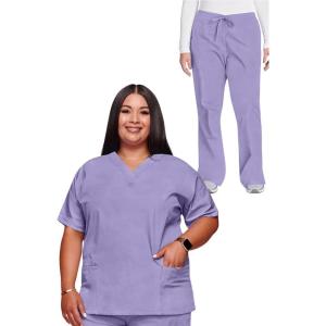 Cherokee Scrub set for women Traditional Fit Dolman Sleeve, V-neck Top 4700 Natural Rise Flare Leg Drawstring Pant 4101(Orchid)