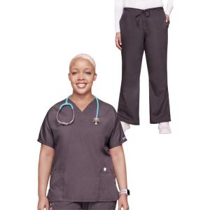 Cherokee Scrub set for women Traditional Fit Dolman Sleeve, V-neck Top 4700 Natural Rise Flare Leg Drawstring Pant 4101(Pewter)
