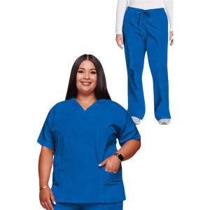 Cherokee Scrub set for women Traditional Fit Dolman Sleeve, V-neck Top 4700 Natural Rise Flare Leg Drawstring Pant 4101(Royal)