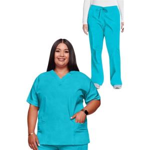 Cherokee Scrub set for women Traditional Fit Dolman Sleeve, V-neck Top 4700 Natural Rise Flare Leg Drawstring Pant 4101(Turquoise)