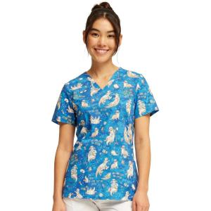Cherokee Scrubs for Women Printed V-Neck Scrub Top with Modern Classic Fit with 2 Welt Pockets & Shirttail Hem – CK637(Care Like No Otter)