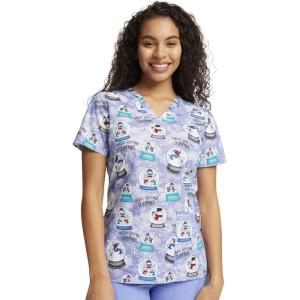 Cherokee Scrubs for Women Printed V-Neck Scrub Top with Modern Classic Fit with 2 Welt Pockets & Shirttail Hem – CK637(Chillin’ Snowmies)