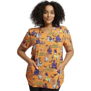 Cherokee Scrubs for Women Printed V-Neck Scrub Top with Modern Classic Fit with 2 Welt Pockets & Shirttail Hem – CK637(Happy Llamaween)