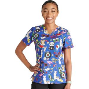 Cherokee Scrubs for Women Printed V-Neck Scrub Top with Modern Classic Fit with 2 Welt Pockets & Shirttail Hem – CK637(Happy Vibes)