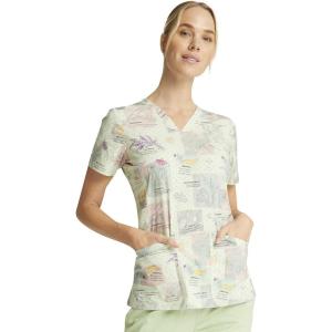 Cherokee Scrubs for Women Printed V-Neck Scrub Top with Modern Classic Fit with 2 Welt Pockets & Shirttail Hem – CK637(Herbal Wellness)