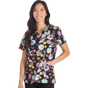 Cherokee Scrubs for Women Printed V-Neck Scrub Top with Modern Classic Fit with 2 Welt Pockets & Shirttail Hem – CK637(Ladybug Garden)