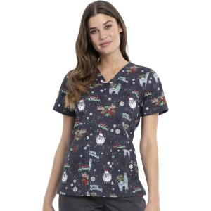 Cherokee Scrubs for Women Printed V-Neck Scrub Top with Modern Classic Fit with 2 Welt Pockets & Shirttail Hem – CK637(Merry Whatever)
