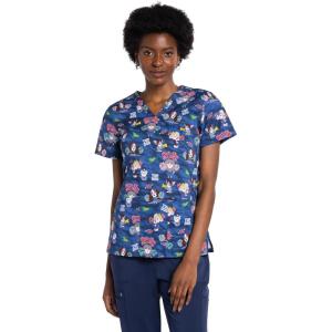 Cherokee Scrubs for Women Printed V-Neck Scrub Top with Modern Classic Fit with 2 Welt Pockets & Shirttail Hem – CK637(Shake Your Pom Poms)