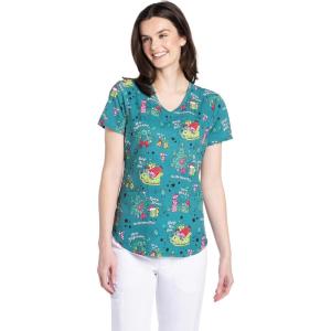 Cherokee Scrubs for Women Printed V-Neck Scrub Top with Modern Classic Fit with 2 Welt Pockets & Shirttail Hem – CK637(Sleigh My Name)