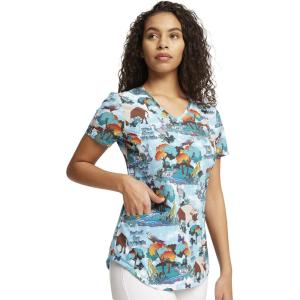 Cherokee Scrubs for Women Printed V-Neck Scrub Top with Modern Classic Fit with 2 Welt Pockets & Shirttail Hem – CK637(Wildlife Sanctuary)