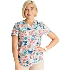Cherokee Scrubs for Women V-Neck Printed Scrub Top Modern Classic Fit with 3 Pockets, Shaping Darts & Side Vents – CK664(Care for the Cause)