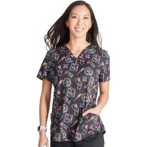 Cherokee Scrubs for Women V-Neck Printed Scrub Top Modern Classic Fit with 3 Pockets, Shaping Darts & Side Vents – CK664(Caring Essentials)
