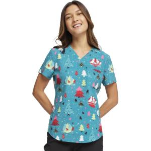 Cherokee Scrubs for Women V-Neck Printed Scrub Top Modern Classic Fit with 3 Pockets, Shaping Darts & Side Vents – CK664(Happy Holidogs)