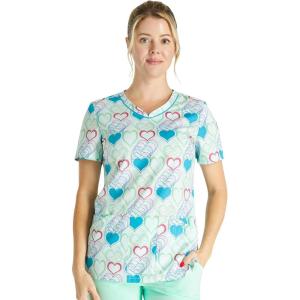 Cherokee Scrubs for Women V-Neck Printed Top Modern Classic Fit with 3 Pockets, Knit Details & Side Vents CK678(Retro Romance)