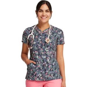 Cherokee Scrubs for Women V-Neck Printed Top Modern Classic Fit with 3 Pockets, Knit Details & Side Vents CK678(What the Speck?)