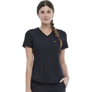 Cherokee Scrubs for Women V-Neck Top – Tuckable Contemporary Fit Top, Stretch Knit, Moisture-Wicking, Shirttail Hem – CK819(Black)