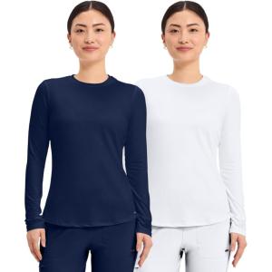 Cherokee Underscrub Long Sleeve Women’s Knit Tee Nursing Underscrubs Crew Neck Layering Top for Women – CK773(Navy / White – 2 Pack)