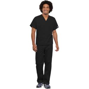 Cherokee Unisex Scrub Set for Men & Women, V-Neck Top & Drawstring Cargo Pant, Easy Care & Fade Resistant – CK00044C(Black)