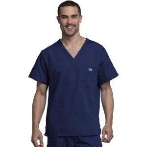 Cherokee V-Neck Men’s Scrub Top with Chest Pocket, Durable, Fade Resistant and Easy Care(Navy)