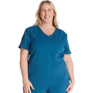 Cherokee V-Neck Scrub Top for Women with 2 Pockets Knit Insets and Notch at The Shirttail Hem for Comfort – CK837A(Caribbean Blue)