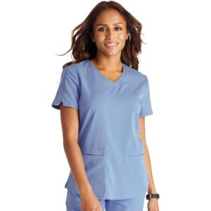 Cherokee V-Neck Scrub Top for Women with 2 Pockets Knit Insets and Notch at The Shirttail Hem for Comfort – CK837A(Ciel)