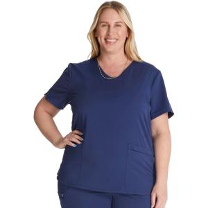 Cherokee V-Neck Scrub Top for Women with 2 Pockets Knit Insets and Notch at The Shirttail Hem for Comfort – CK837A(Navy)