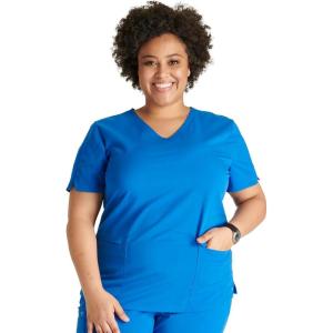 Cherokee V-Neck Scrub Top for Women with 2 Pockets Knit Insets and Notch at The Shirttail Hem for Comfort – CK837A(Royal)