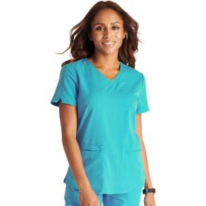 Cherokee V-Neck Scrub Top for Women with 2 Pockets Knit Insets and Notch at The Shirttail Hem for Comfort – CK837A(Teal Blue)