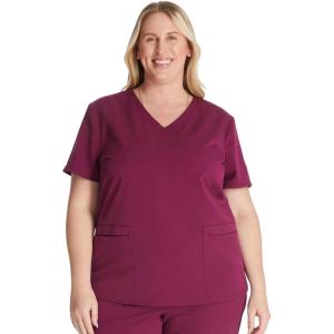 Cherokee V-Neck Scrub Top for Women with 2 Pockets Knit Insets and Notch at The Shirttail Hem for Comfort – CK837A(Wine)