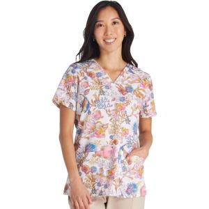 Cherokee Women Scrub Tops V-Neck Print Top with 2 Pockets, Back Yoke Seam and Side Vents – CK671(Fin-tastic Watercolor)