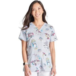 Cherokee Women Scrub Tops V-Neck Print Top with 2 Pockets, Back Yoke Seam and Side Vents – CK671(Llama Take a Selfie)