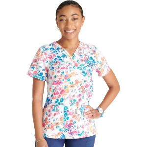 Cherokee Women Scrub Tops V-Neck Print Top with 2 Pockets, Back Yoke Seam and Side Vents – CK671(Marker Leopard)