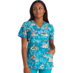Cherokee Women Scrub Tops V-Neck Print Top with 2 Pockets, Back Yoke Seam and Side Vents – CK671(Slow Tide)