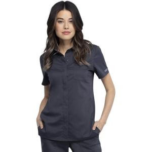 Cherokee Women Scrubs Top Workwear Revolution Hidden Snap Front Collar WW669(Pewter)