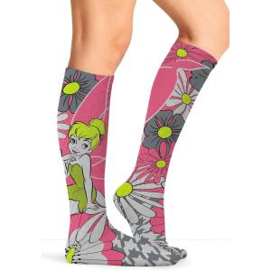 Cherokee Women’s 10-15mmHg Compression Socks – Fun Print Knee Highs with Light Support, Soft Feel – PRINTSUPPORT(Flower Tinker Bell)