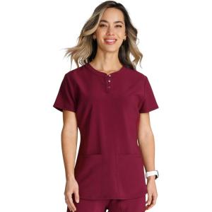 Cherokee Women’s Scrub Top Snap Front Henley with 2 Pockets and Center Back Length of 26″ – CK749A(Wine)
